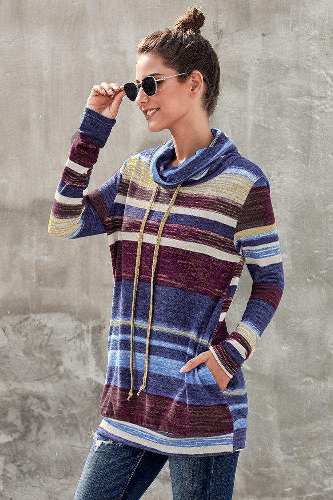Blue Multicolor Cowl Neck Striped Long Sleeve Sweatshirt