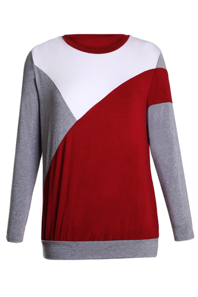 Burgundy Shoulder Slope Trio Color Block Sweatshirt