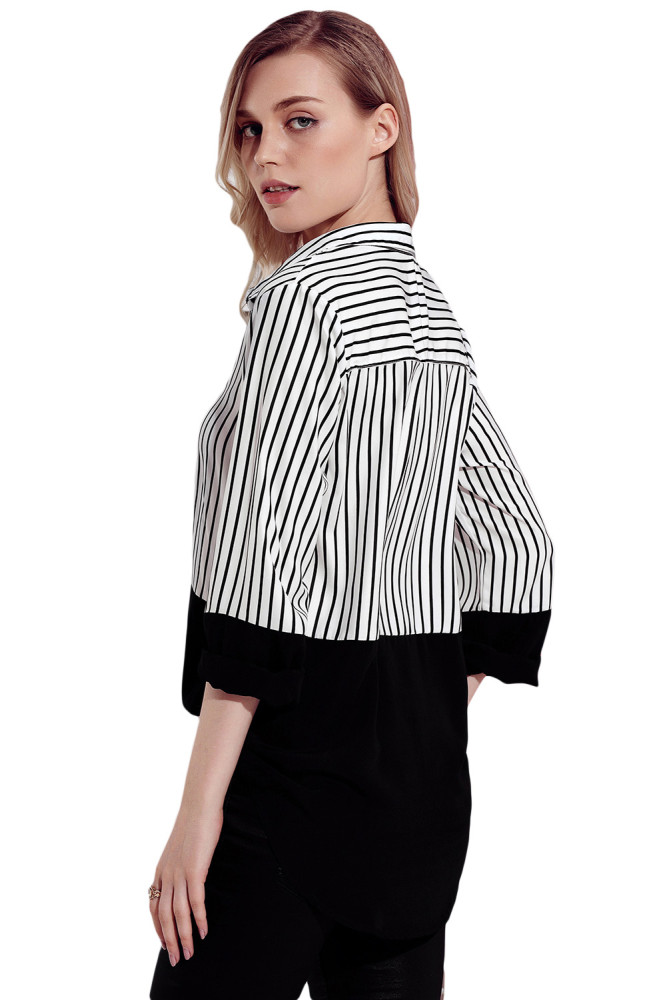 Black Pinstripe Color Block Relaxed Boyfriend Shirt