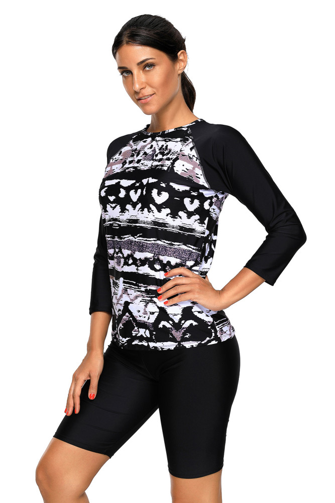 Monochrome Abstract Print 2pcs Long Sleeve Wetsuit