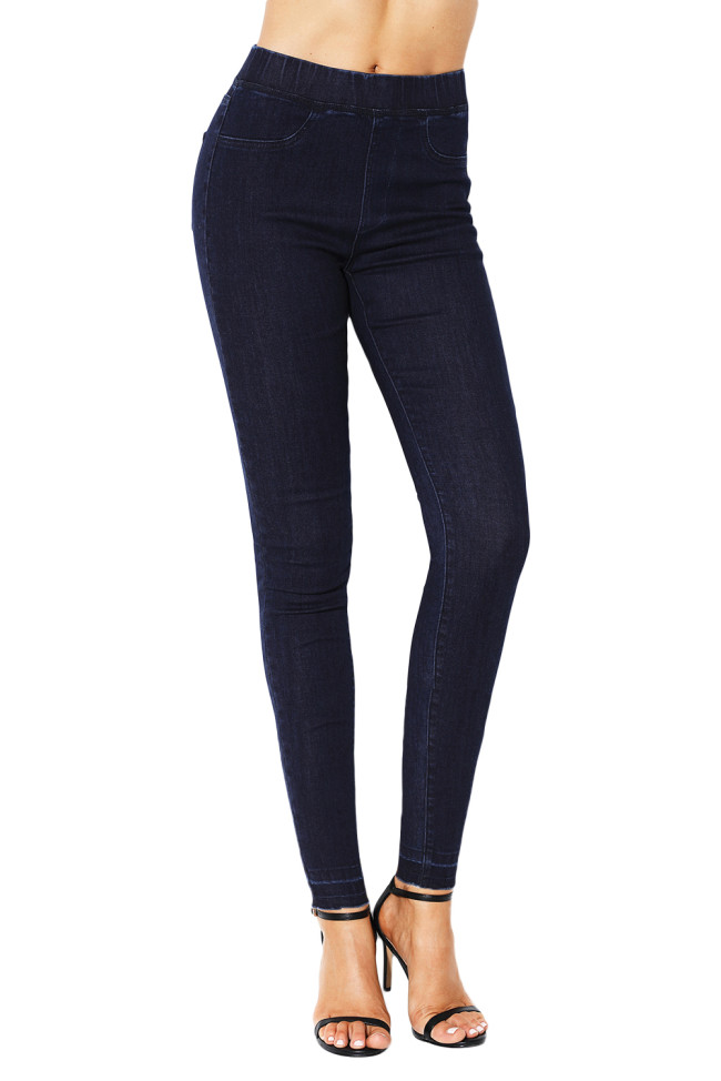 Navy Blue Elastic Waist Jeans Stretch Pants for Women