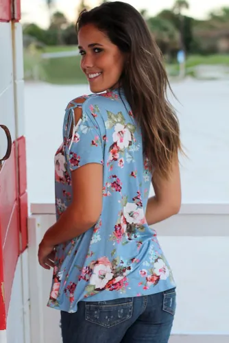 Blue Floral Top with Lace up Shoulder