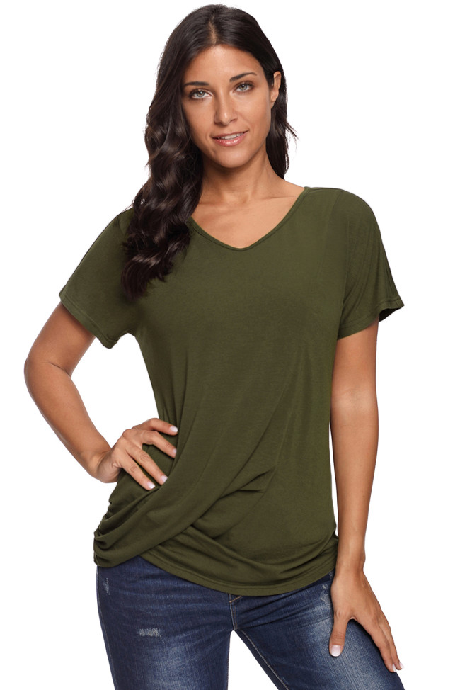 Olive V-Neck Twist Ruched Basic Short Sleeve Tee