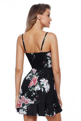 Ruffle Wrap Hemline Black Floral Sundress