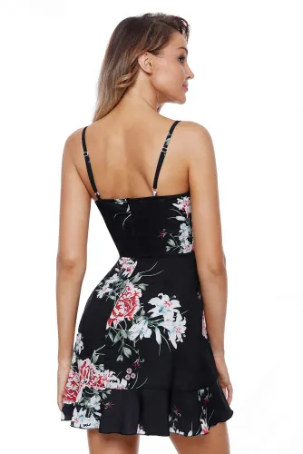 Ruffle Wrap Hemline Black Floral Sundress