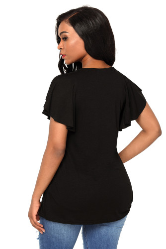 Black Deep V Neck Lace up Ruffle Short Sleeves Top