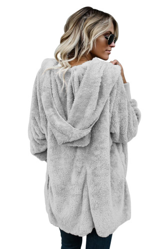 Grey Soft Fleece Hooded Open Front Coat