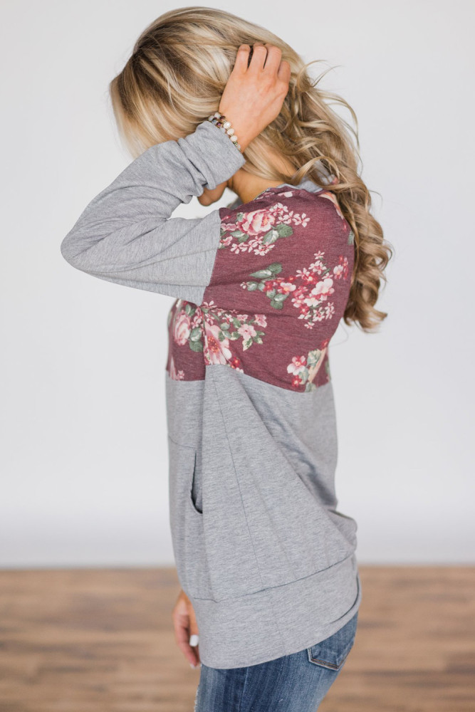 Floral Splice Grey Kangaroo Pocket Zip Collar Sweatshirt