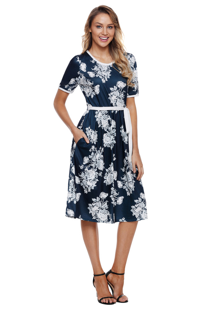 Blue Full-blown Floral Print Knee Length Dress