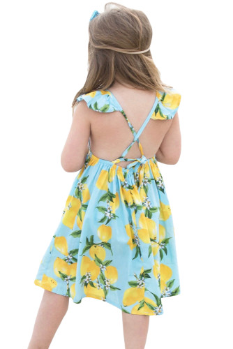 Aqua Blue Lemon Print Girls’ Sundress