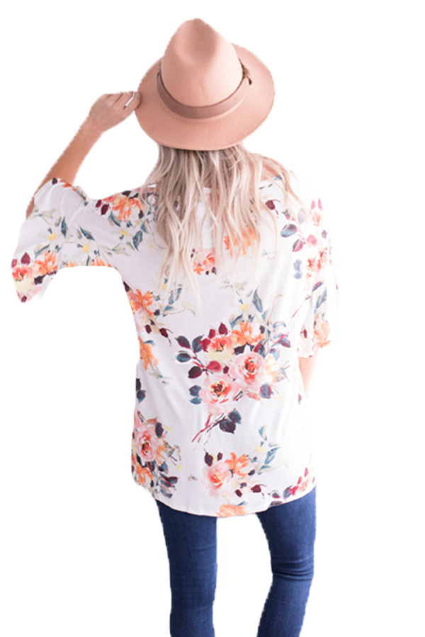 Mid Length Bell Sleeve White Coral Floral Blouse