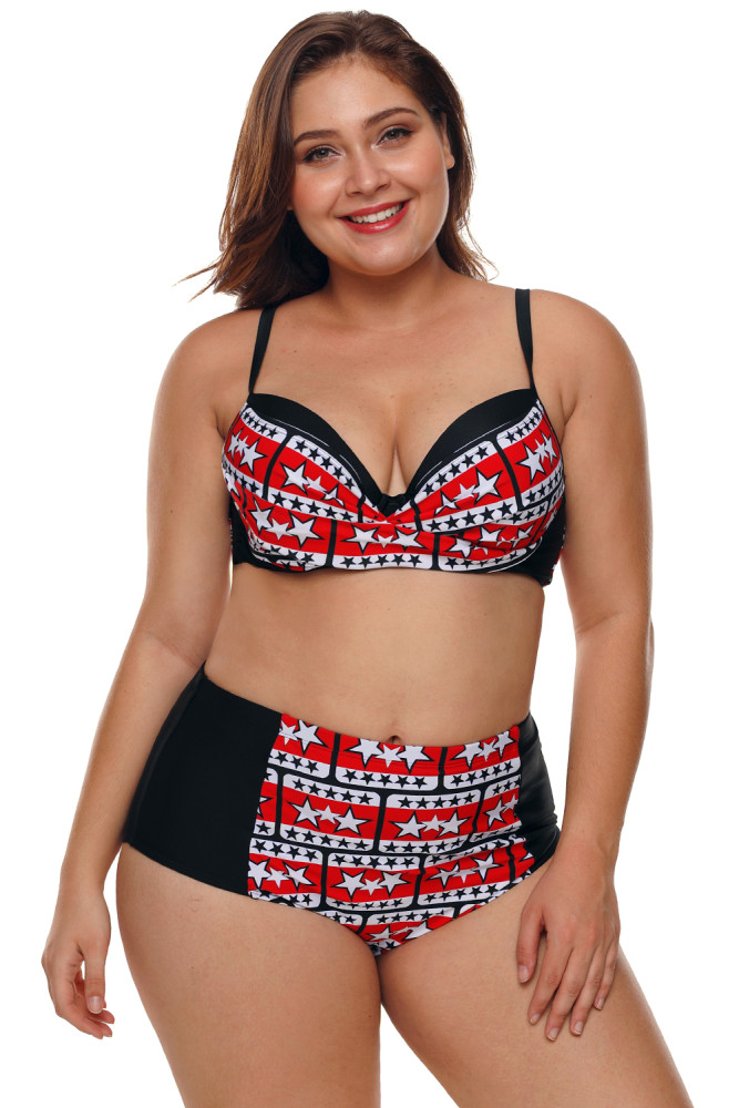 Plus Size Black White Stars Print Bikini Swimsuit