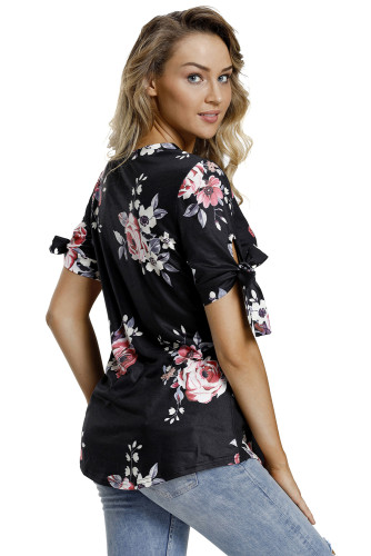 Black Floral Print Tie Detail Short Sleeve Blouse
