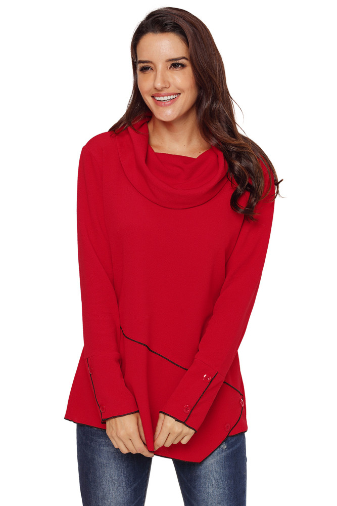 Red Button Detail Asymmetric Cowl Neck Sweatshirt