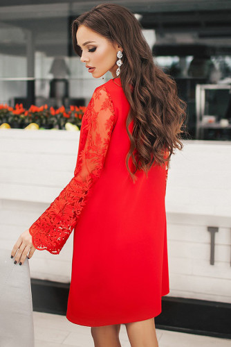 Red Sheer Floral Sleeve Swing Dress