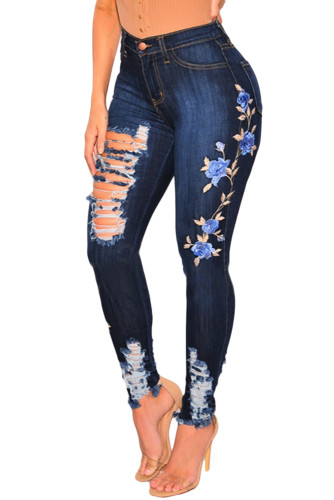 Dark Denim Embroidered Floral Destroyed High Waist Skinny Jeans