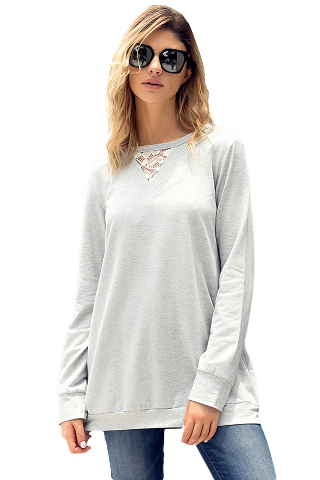 Lace Cutout Insert Light Grey Long Sleeve Sweatshirt