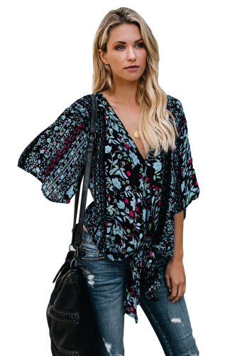 Black Flowery Print Tie Front Kimono Sleeve Blouse