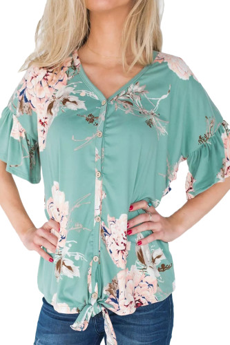 Turquoise Peony Blossom Tie Front Blouse