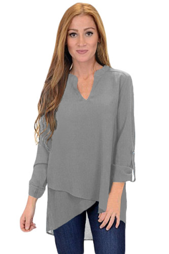 Grey Asymmetric Hemline Roll Tab Sleeve Blouse
