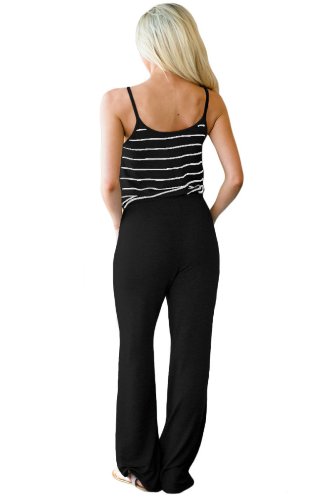 Black Striped Spaghetti Tank Drawstring Jumpsuit