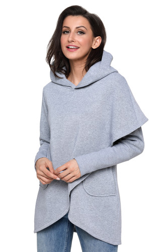 Grey Tulip Wrap Cape Style Long Sleeve Hoodie