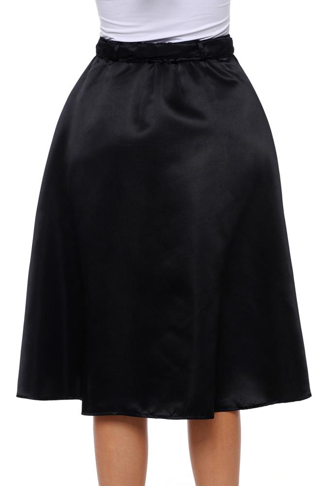Elegant Retro Style Buttons Front Flared Midi Skirt in Black