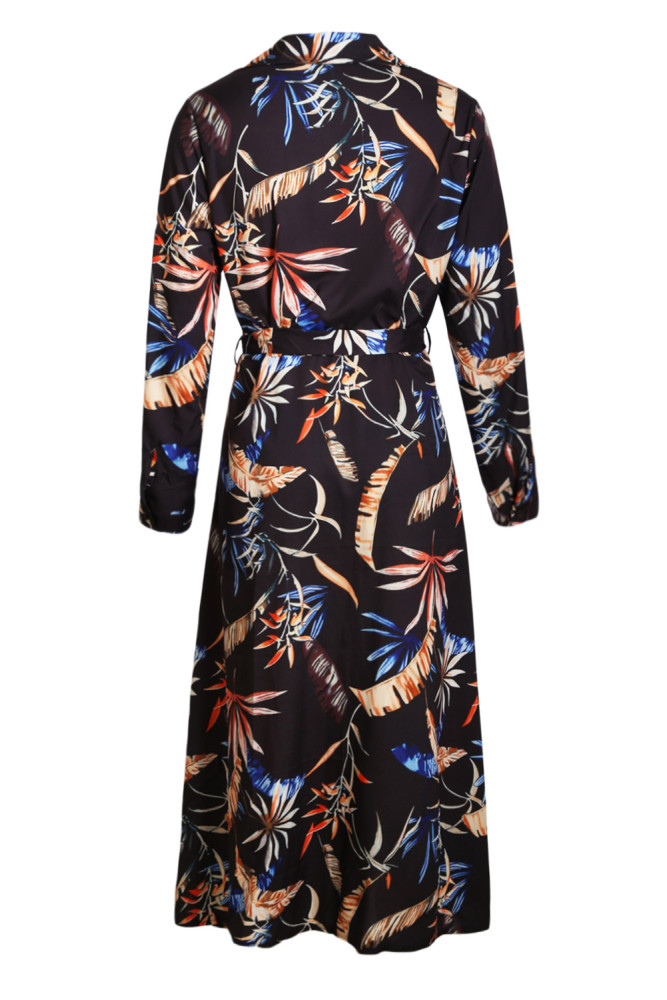 Dark Bohemian Floral Print Button Down Belted Shirt Dress