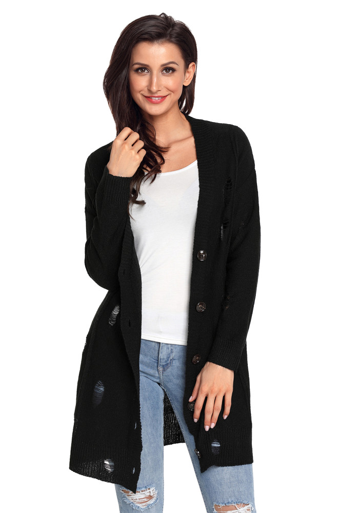 Black Distressed Button Cardigan