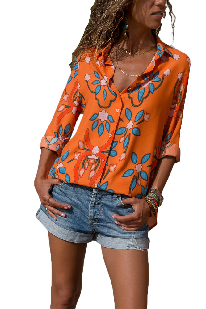 Orange Long Sleeve Floral Print Button Front Shirt