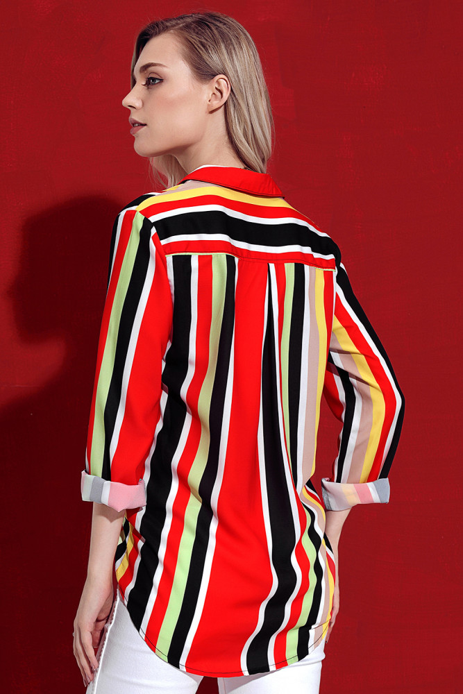Red Multicolor Stripe Long Sleeve Button Down Shirt