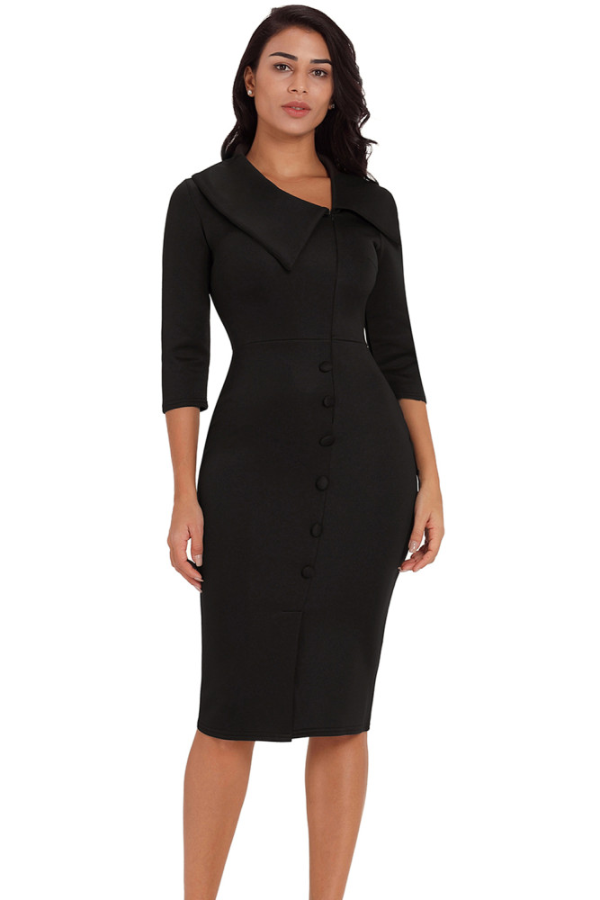 Black 3/4 Sleeve Button Detail Bodycon Midi Dress