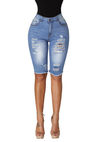 Light Blue Wash Denim Destroyed Bermuda Shorts