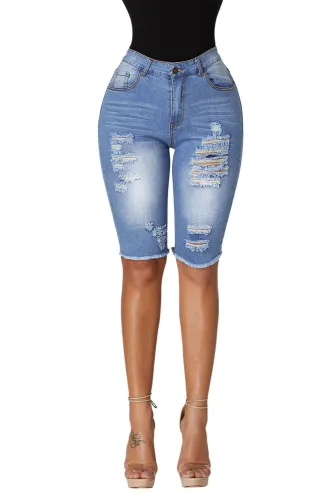 Light Blue Wash Denim Destroyed Bermuda Shorts