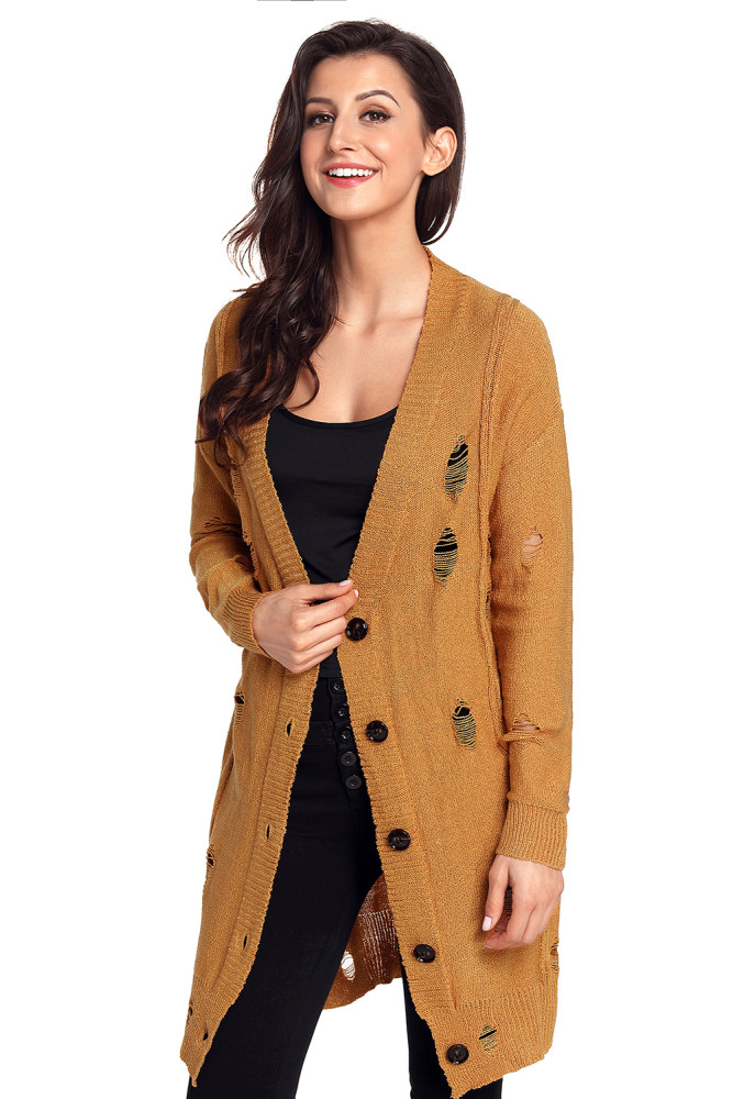 Khaki Distressed Button Cardigan
