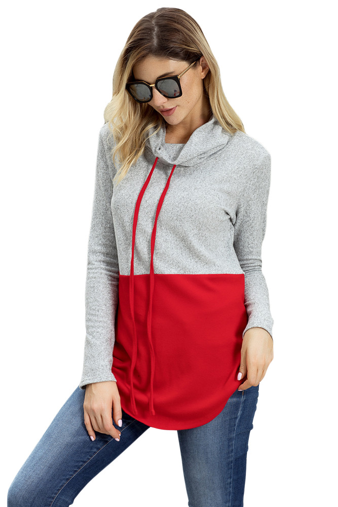 Grey Red Colorblock Drawstring Cowl Neck Sweatshirt