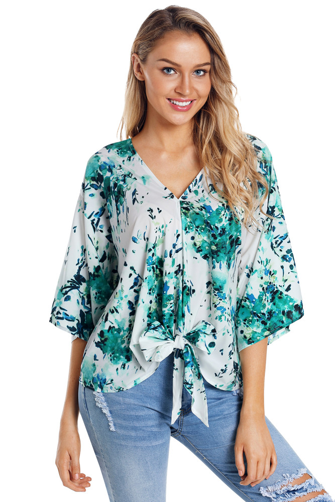White Flowerlet Print Tie Front Kimono Sleeve Blouse