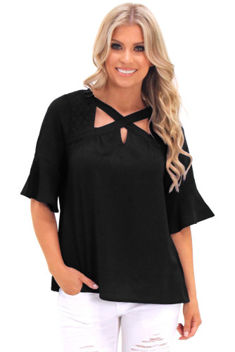 Black Crisscross Neck Lace Insert Bell Sleeve Top