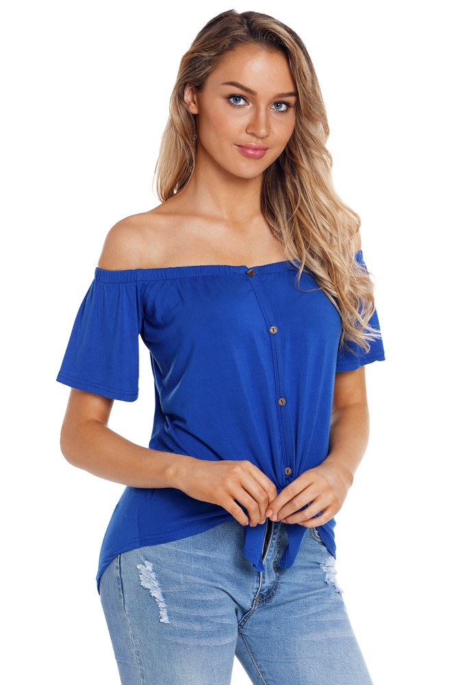 Blue Off the Shoulder Button Top