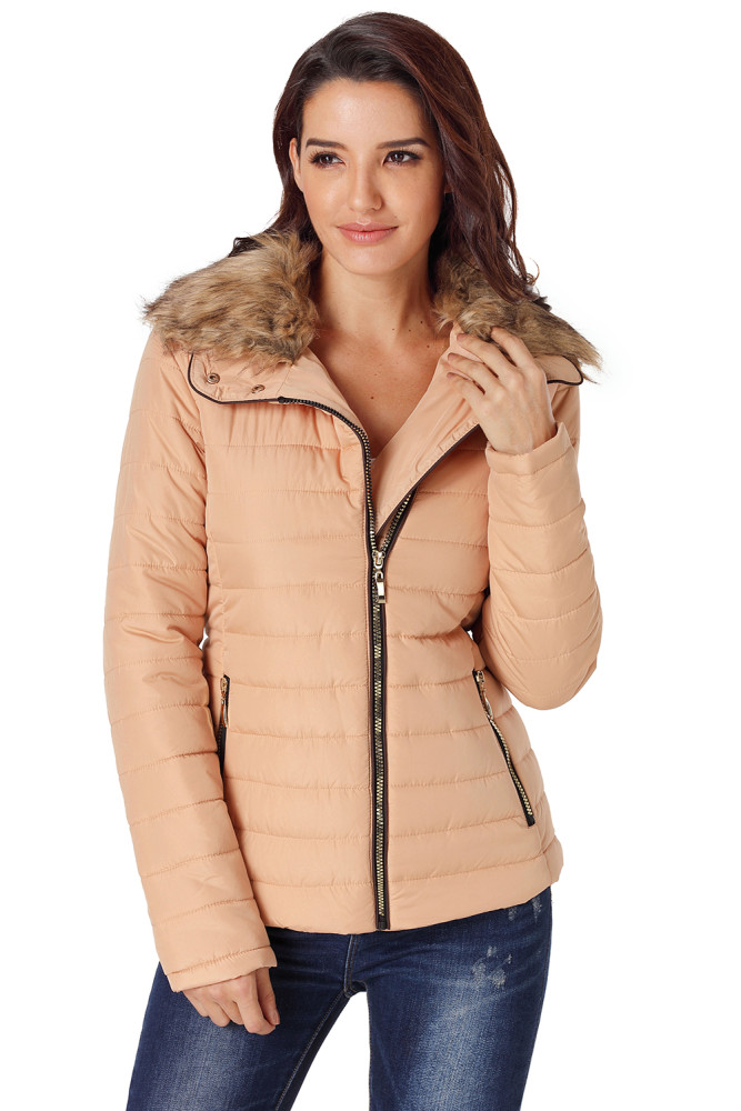 Camel Faux Fur Collar Trim Black Quilted Jacket