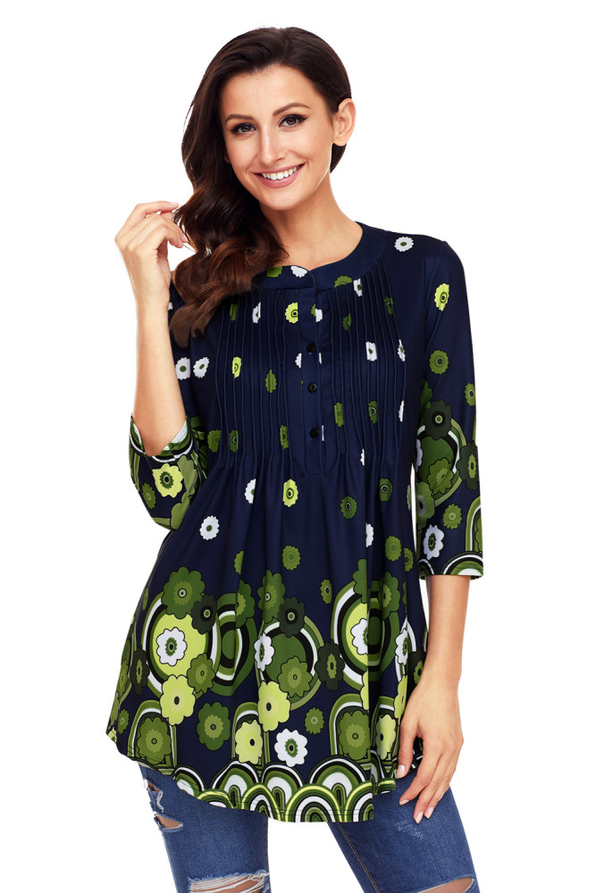 Navy Green Floral Print Flowy Blouse