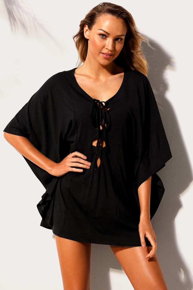 Black Lace up Tie Hollow-out Poncho Cover up