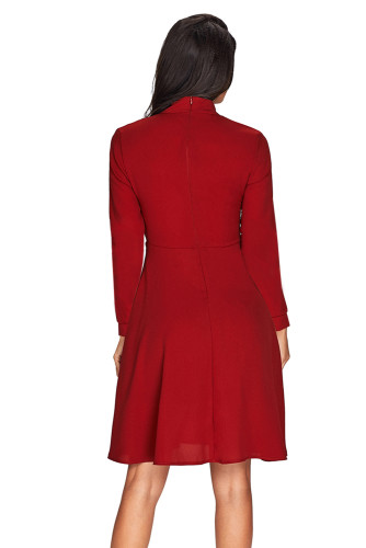 Patchwork Tie Neck Long Sleeve Burgundy Flared Dress
