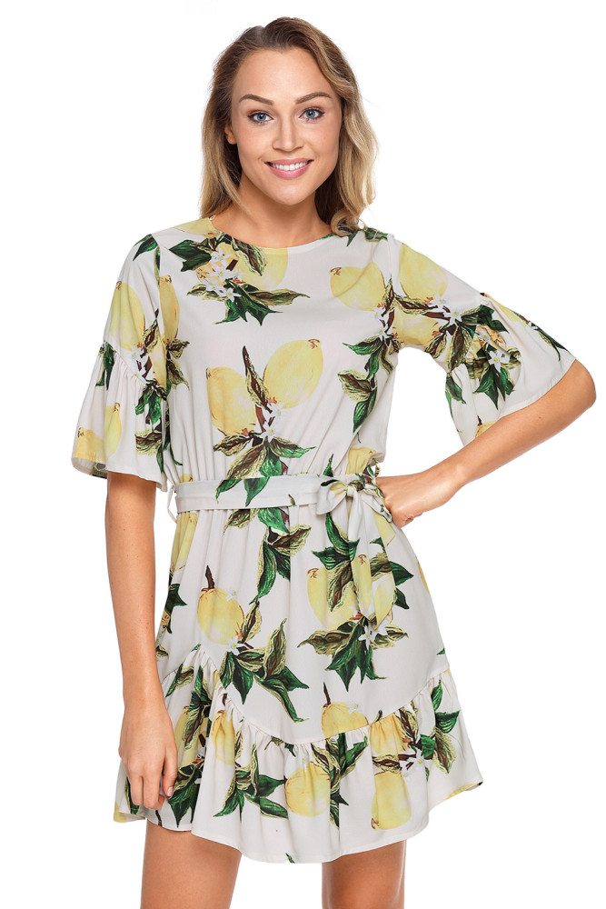 Fruit Print Pattern Ruffle Hem Chiffon Dress
