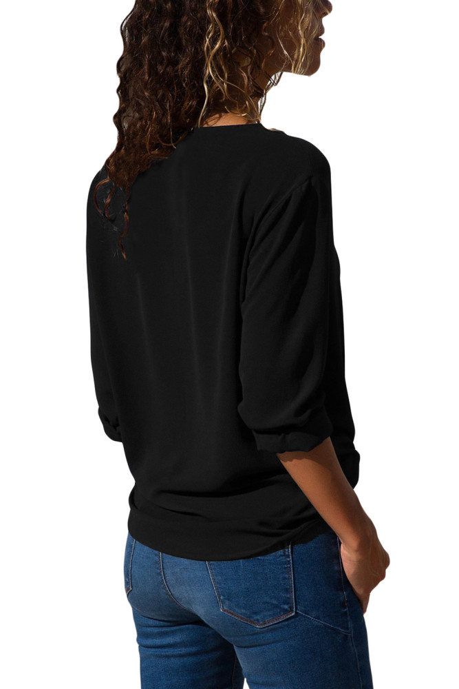 Black Turndown Collar Asymmetric Button Down Blouse