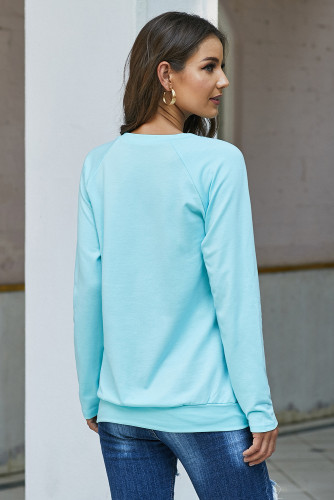 Gold Zip Detail Light Blue Pullover Sweatshirt