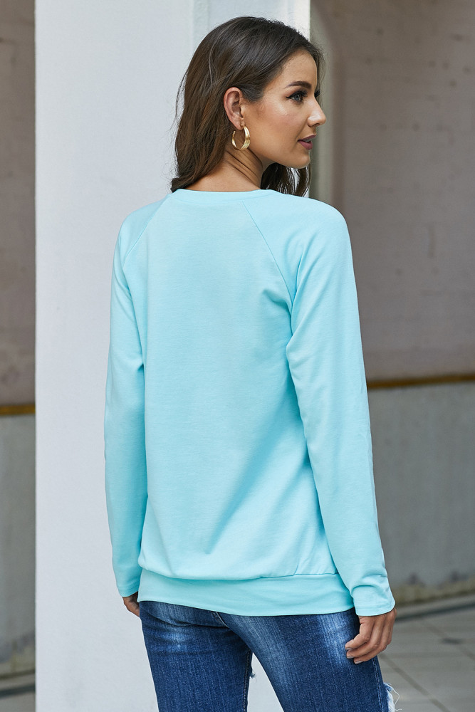 Gold Zip Detail Light Blue Pullover Sweatshirt