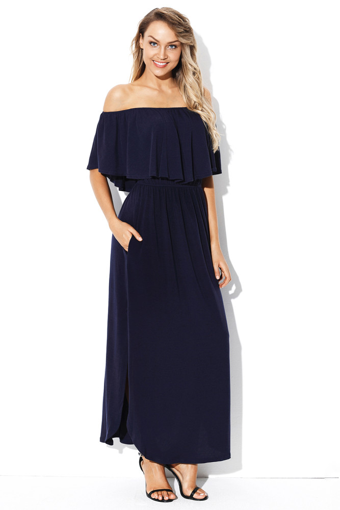 Navy Flounce Off Shoulder Maxi Jersey Dress