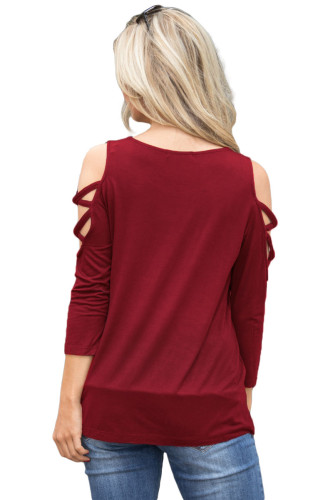 Burgundy Crisscross Cold Shoulder Quarter Sleeve Blouse