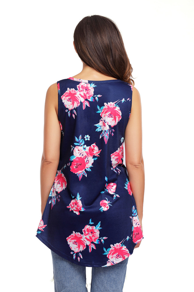 Navy Blooms Floral Print Sleeveless Babydoll Tank